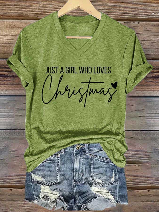 Women's Just A Girl Who Loves Christmas Print Casual V-Neck T-Shirt