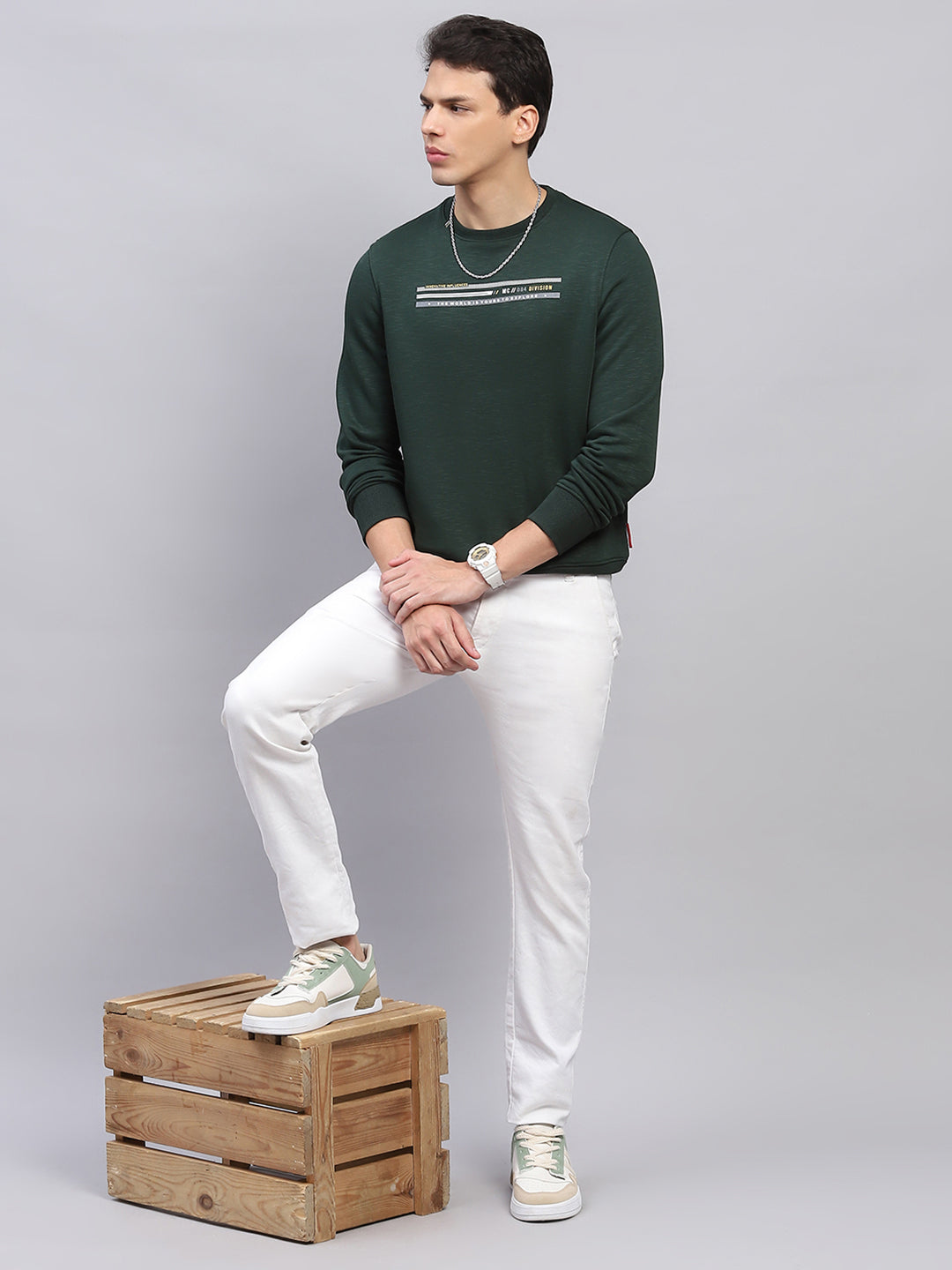 Men Green Printed Round Neck Full Sleeve Sweatshirt