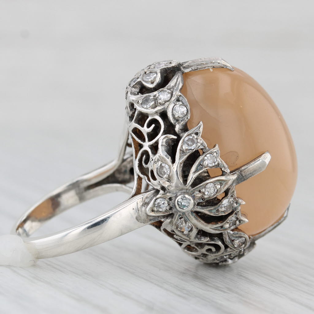 Peach Star Moonstone Diamond Ring 800 Silver Vintage Ornate Size 5 Cocktail
