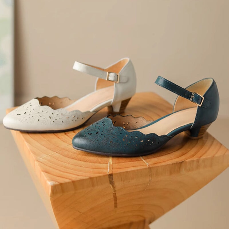 Genuine Leather Cut Out Mary Jane Pumps Block Heel Sandals in Beige/Blue