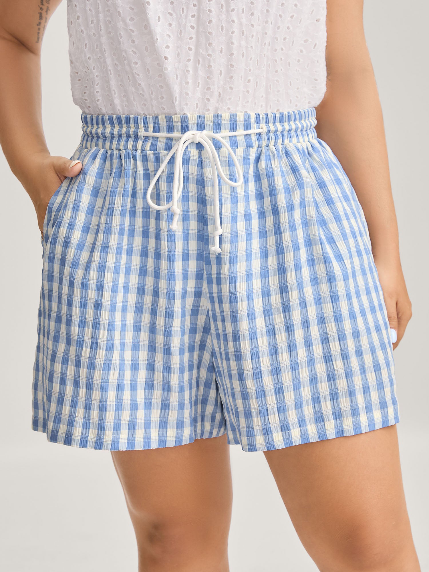 Plaid Print Drawstring Wide-Leg Shorts