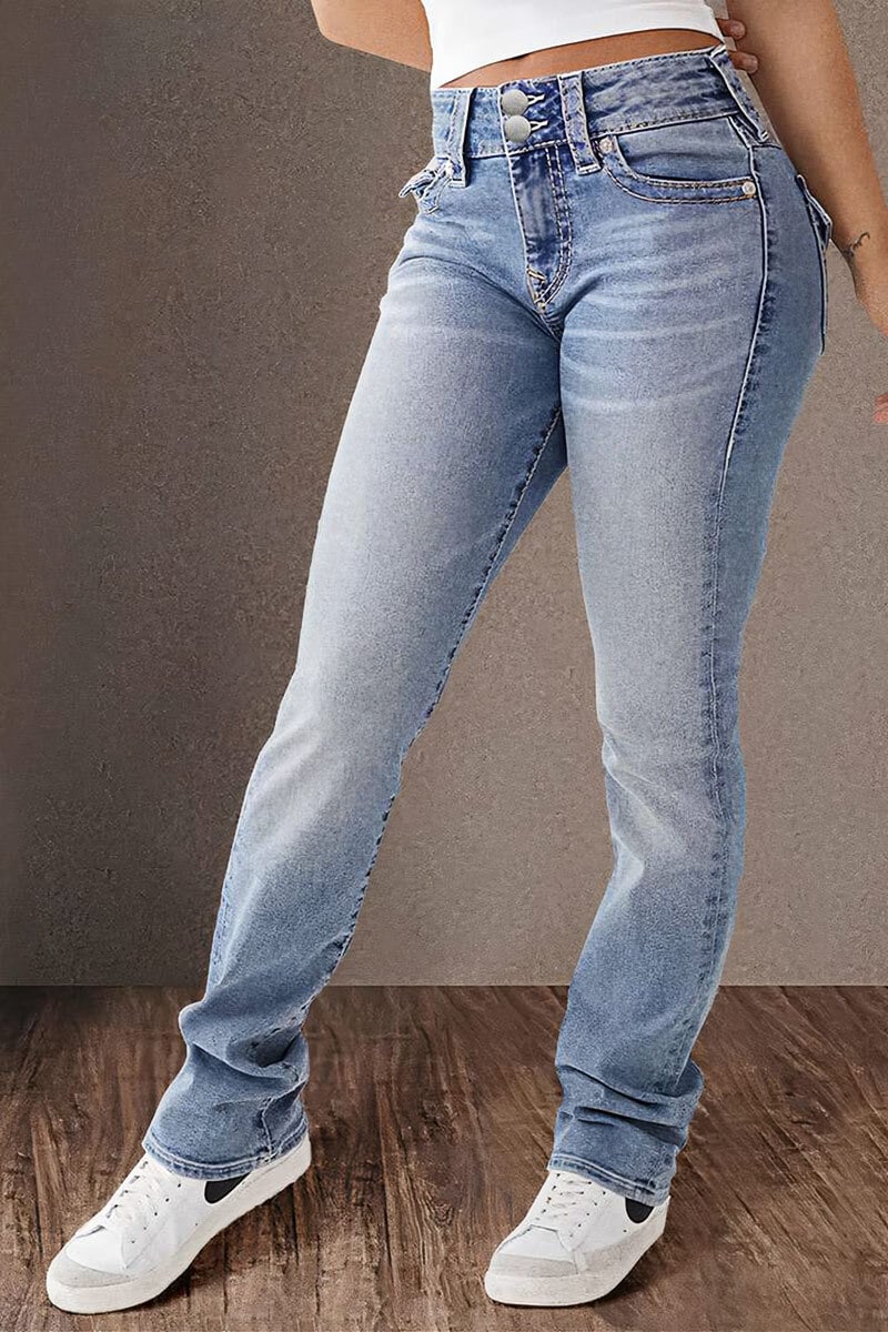 Final Sale!!⚡6 Packs for $24.86⚡ - Wash Double Button Flap Pocket Mid Waist Straight Leg Jeans