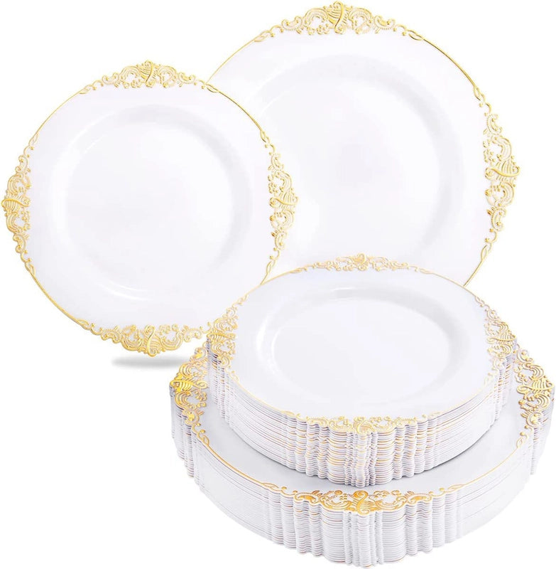 Disposable Tableware Dragon Pattern White Golden Edge Relief Plate Wine Glass Knife. Fork And Spoon PS Hard Plastic Gold Air-Laid Paper Suit