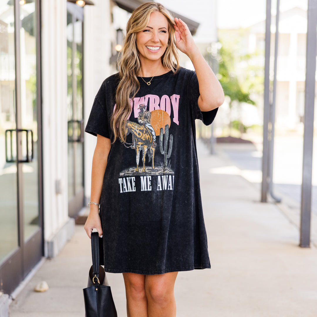 Cowboy Take Me Away T-Shirt Dress. Black