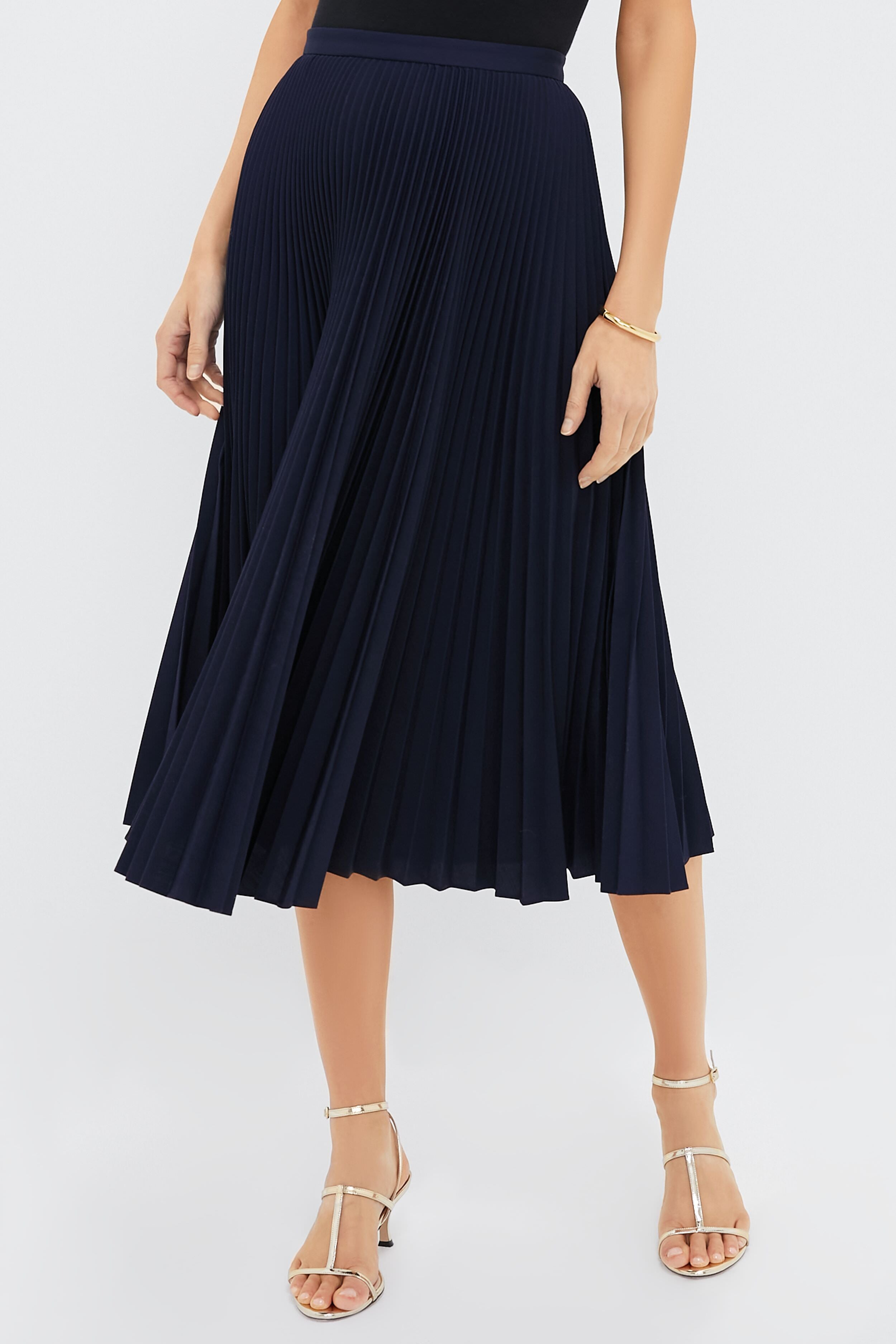 Navy Pleated Midi Skirt
