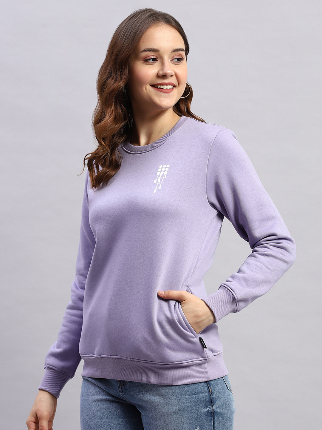 Women Purple Printed Round Neck Full Sleeve Sweatshirt