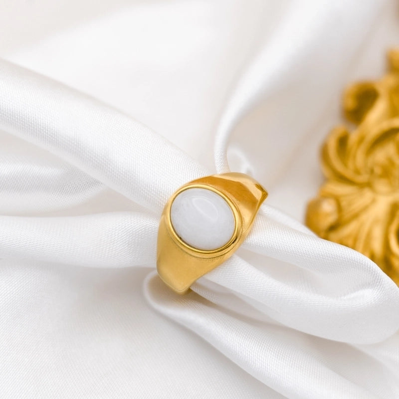 Retro Oval Stainless Steel Plating Inlay Agate 18k Gold Plated Rings