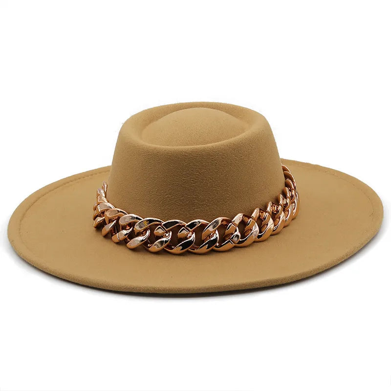 New Retro Ethnic Style 9.5 Brim Wool Woolen Felt Hat Concave Top Men's And Women's Top Hat Large Brim Thick Gold Chain Hat