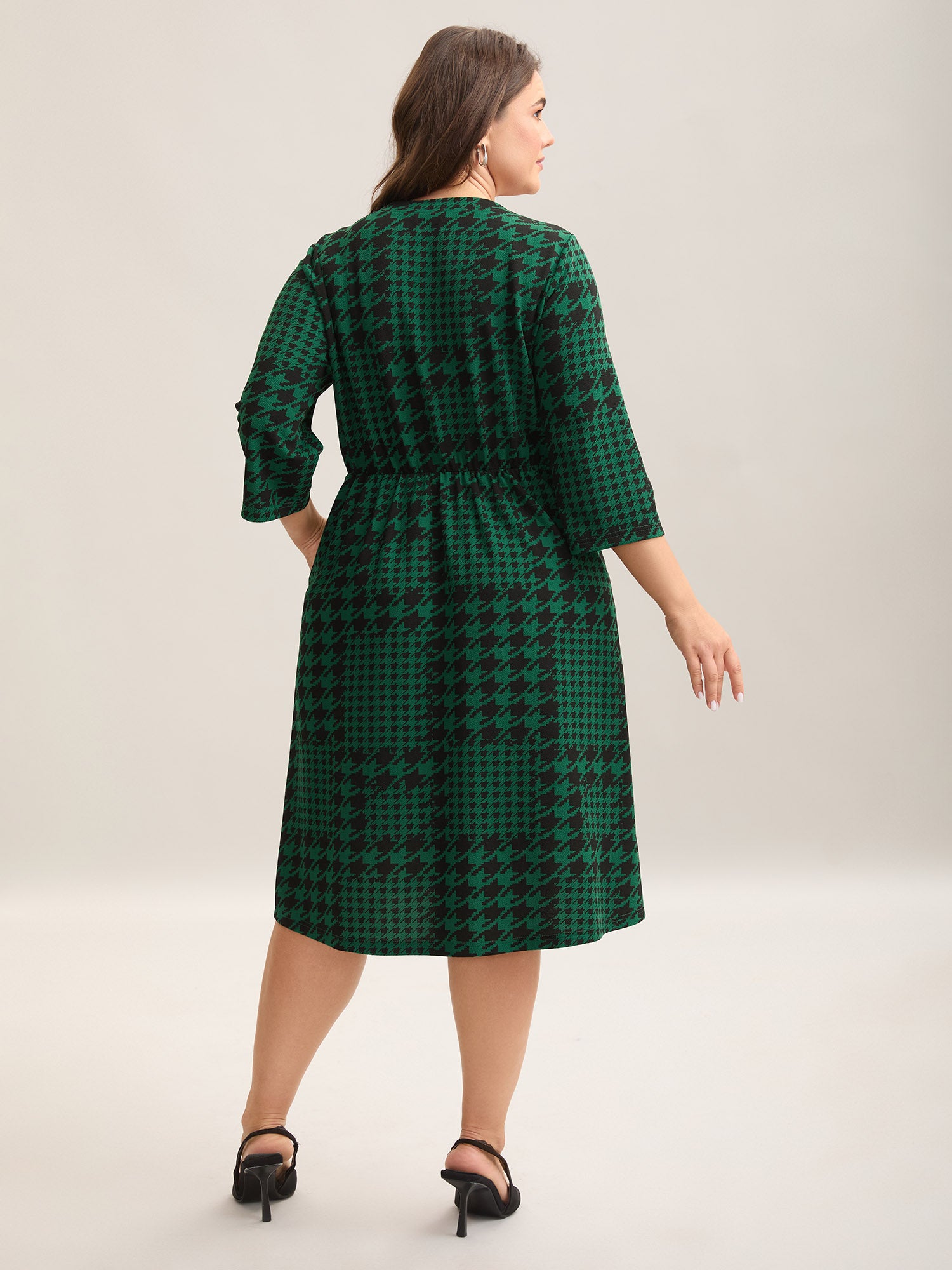 Houndstooth Print Waist-Cinched Patchwork Midi Dress