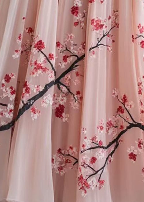 Elegant Pink Print Elastic Waist Chiffon Pleated Skirt Summer