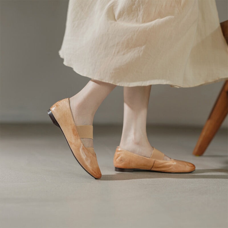 Handmade Leather Mary Jane Shoes Elastic Band Ballet Flats in Red/Black/Pink/Apricot