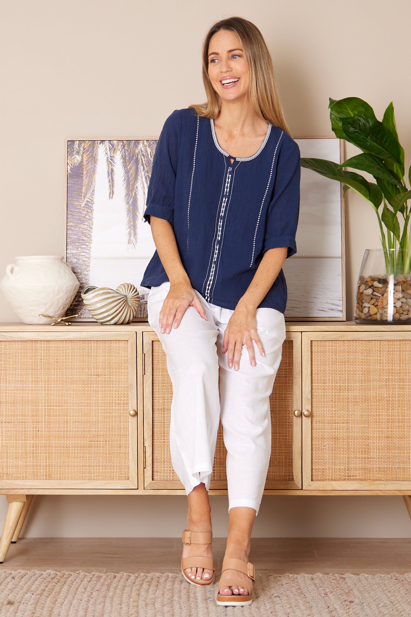 Meagan Linen Blouse - Navy