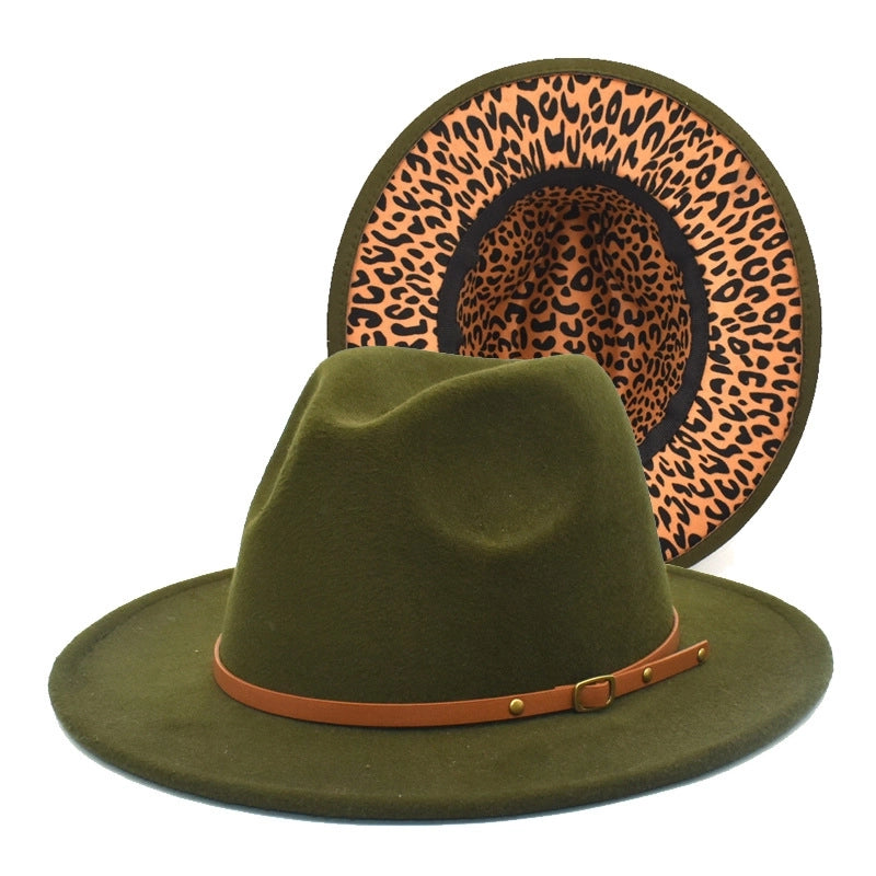 Hot Sale New Leopard Print Color Matching Top Hat Autumn And Winter Jazz Felt Hat Double-sided Personality Belt Top Hat Trend