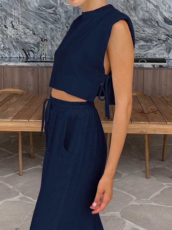 Loose Sleeveless Shoulder Pad Solid Color Tied Round-Neck Vest Top + Drawstring Elasticity Pants Bottom Two Pieces Set