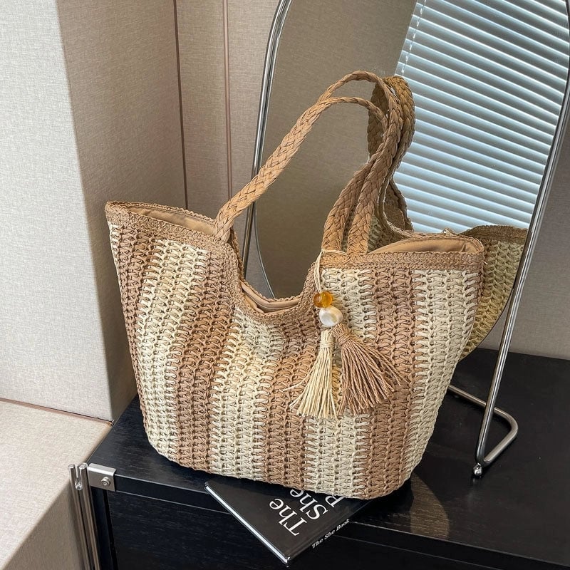 Women's Medium Straw Stripe Beach Classic Style Weave Bucket Zipper Straw Bag