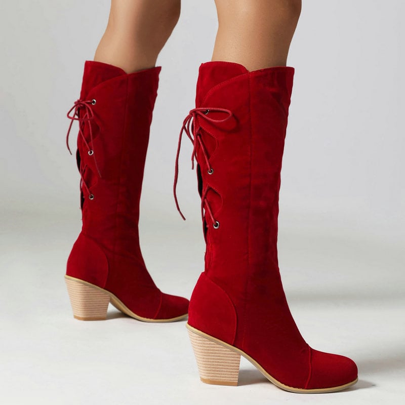 Patchwork Lace Up Round Toe Chunky Heels Knee High Boots