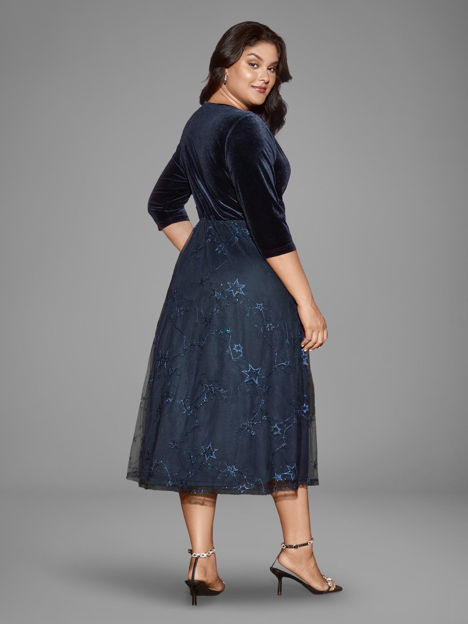 Velvet Star Mesh Surplice Neckline Midi Dress