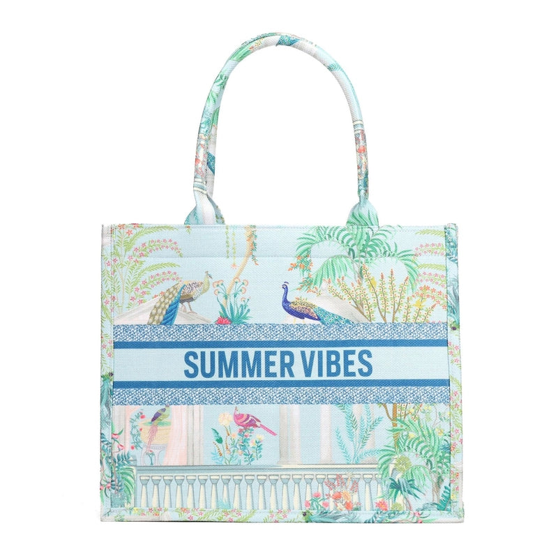 Women's Canvas Animal Letter Flower Elegant Embroidery Square Zipper Tote Bag