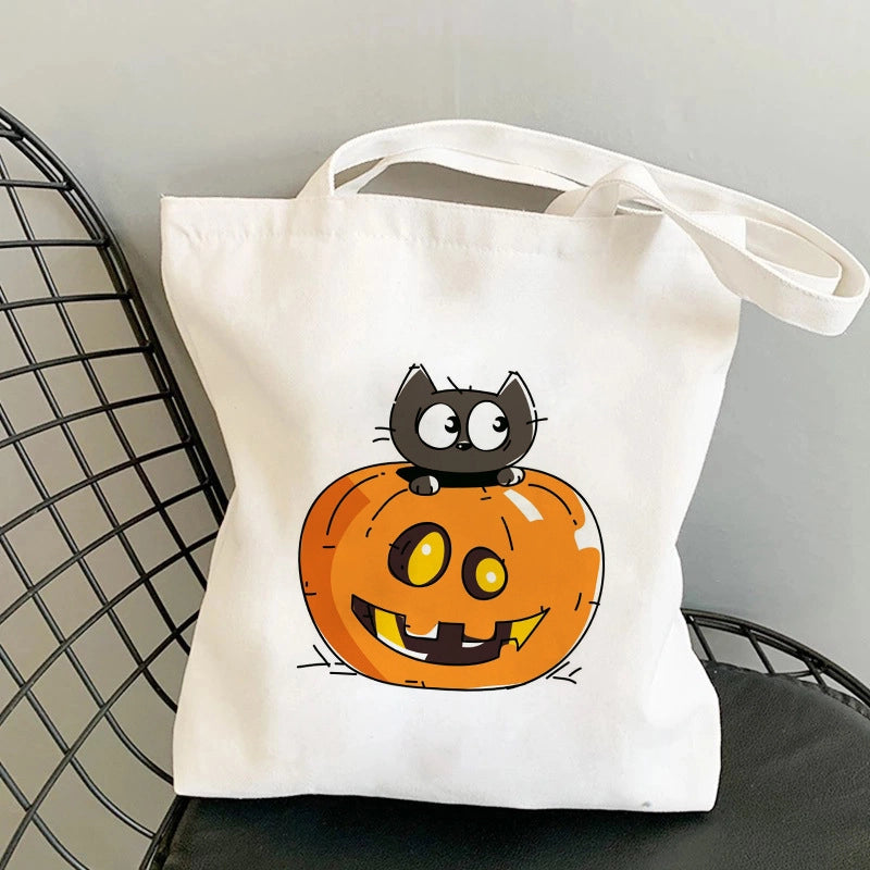 Halloween Women's Medium Canvas Pumpkin Cat Cute Square Open Underarm Bag