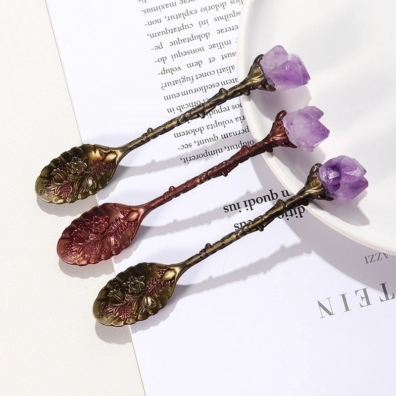 Natural Amethyst Flower Decor Copper Creative Long Handle Spoon