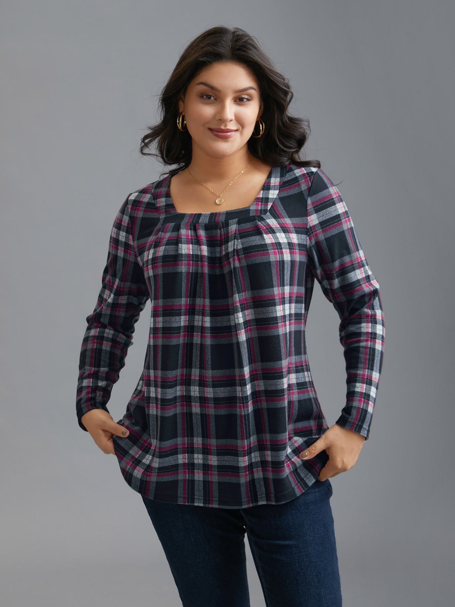 Plaid Pleated Square Neckline Knit Top