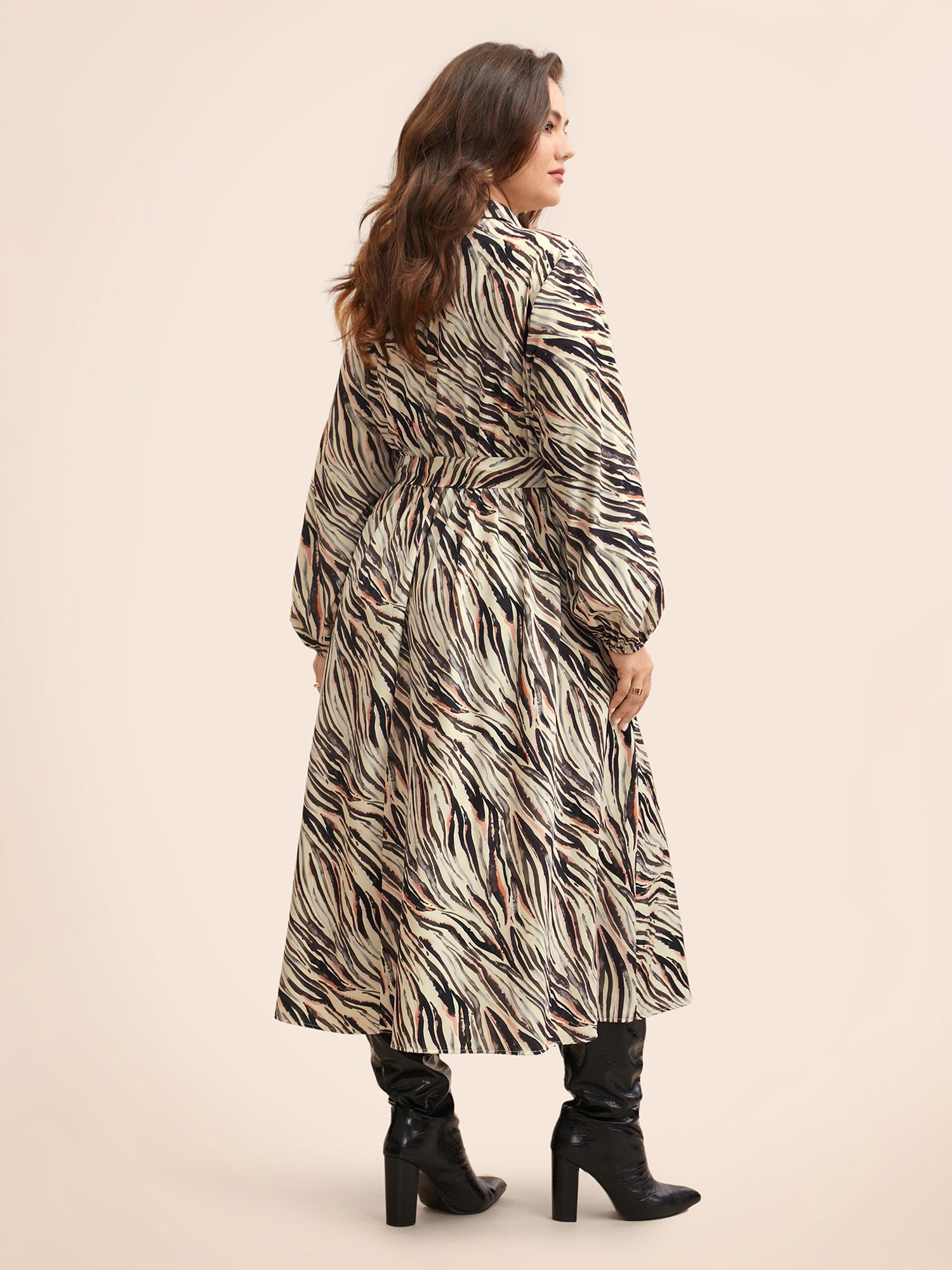 Zebra Print Shirt Collar Belted Dress
