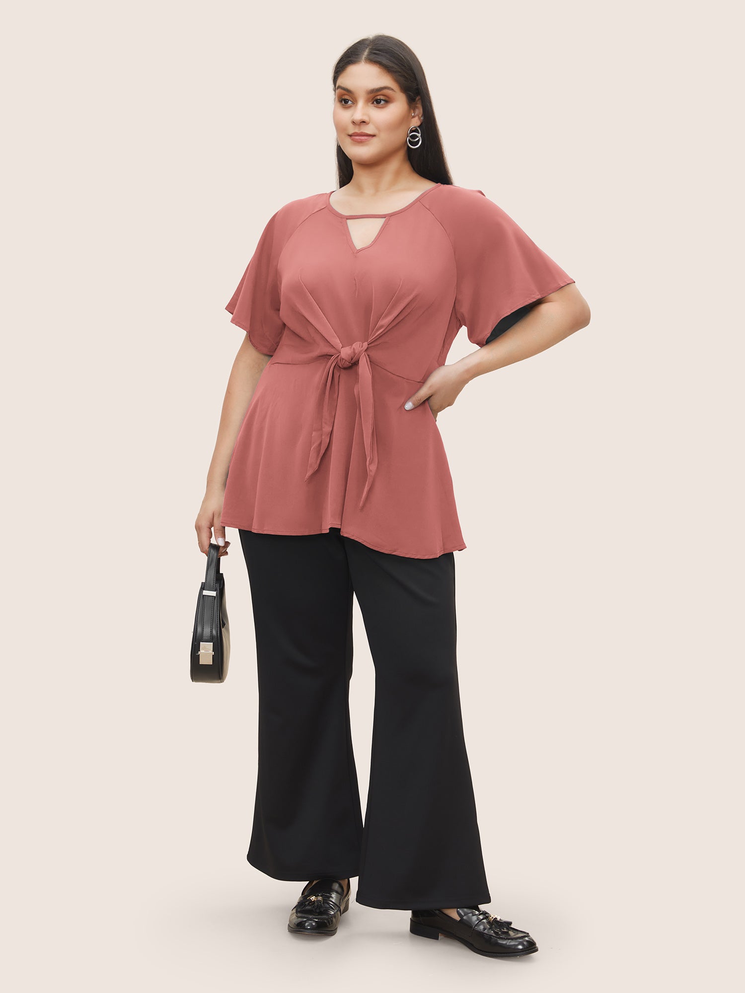 Plain Keyhole Knotted Front Ruffle Sleeve Blouse