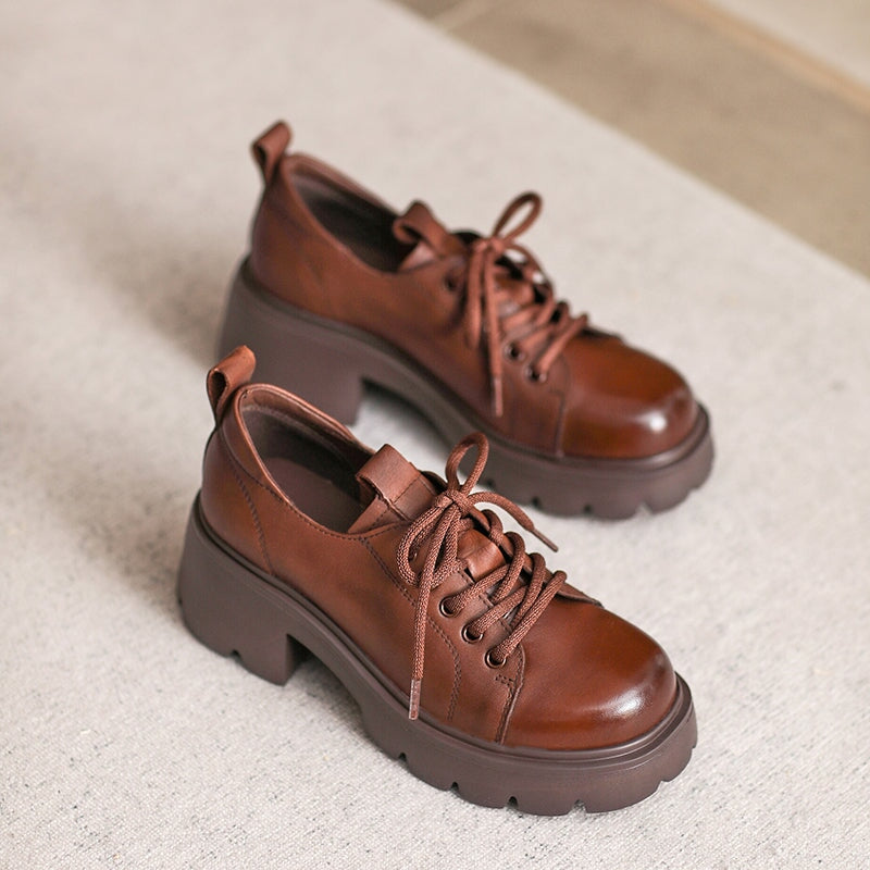 British Style 55mm Chunky Platform Oxford Shoes Cow Leather Lace-Up Loafers in Black/Brown