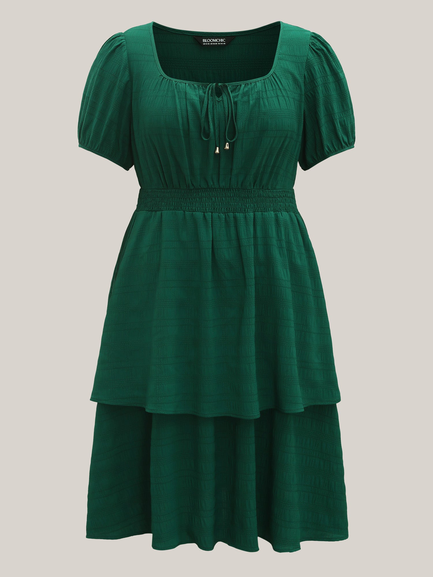 Neck Tie Textured Layered Hem Midi Dress