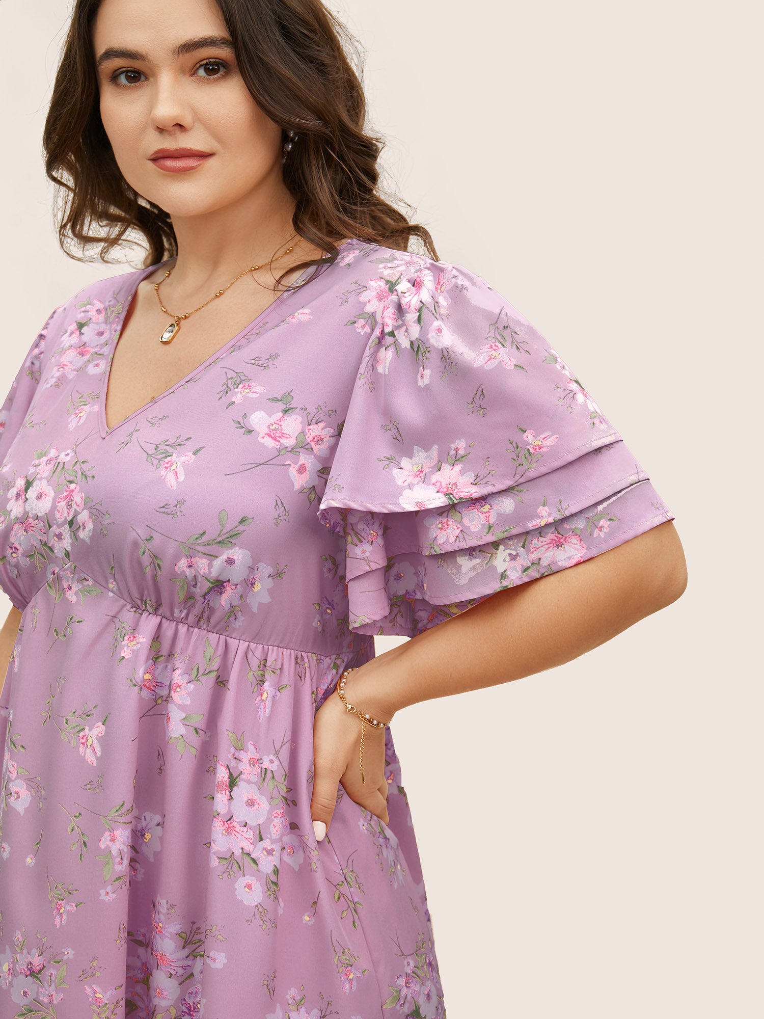 Floral Elastic Waist Tiered Ruffle Sleeve Dress