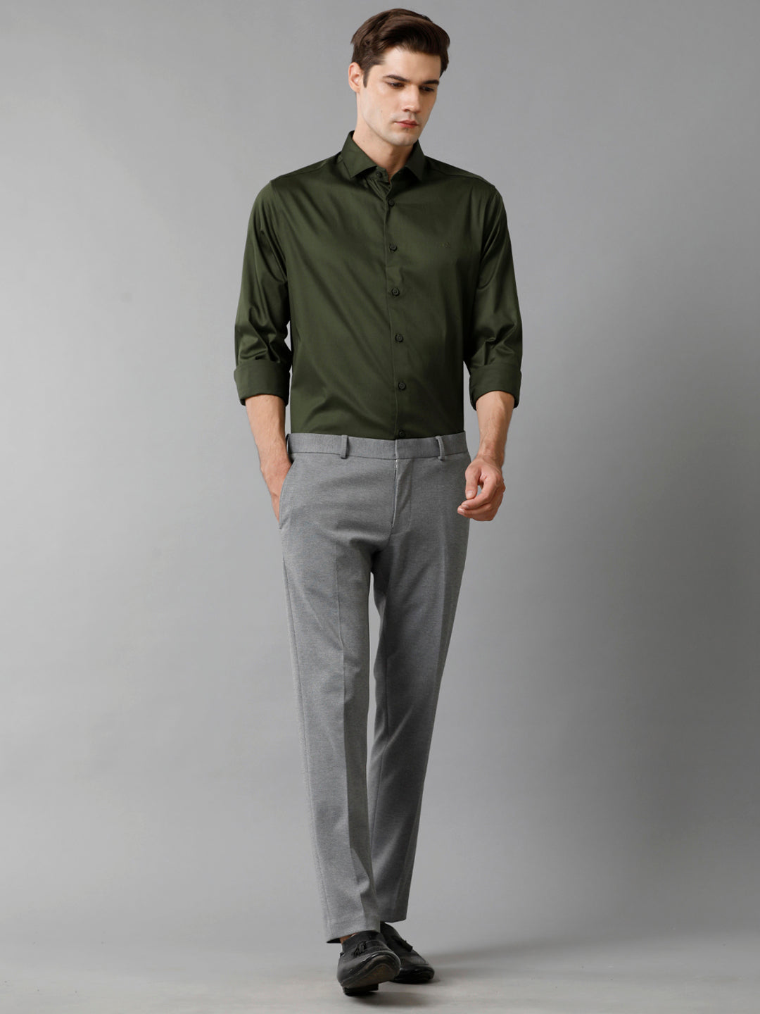 Mens Regular Fit Solid Olive Green Formal Satin Shirt (SAUOL)