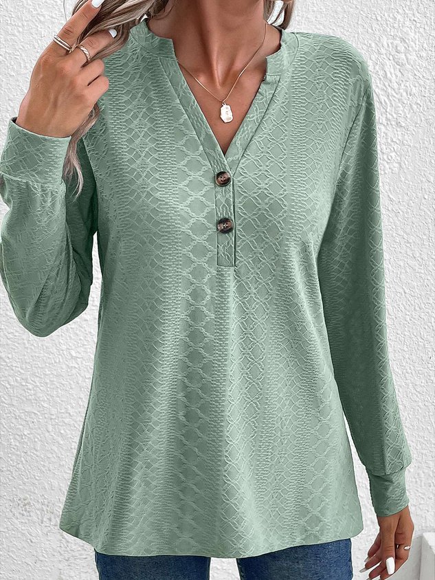 V Neck Long Sleeve Plain Jacquard Regular Medium Elasticity Loose Shirt For Women