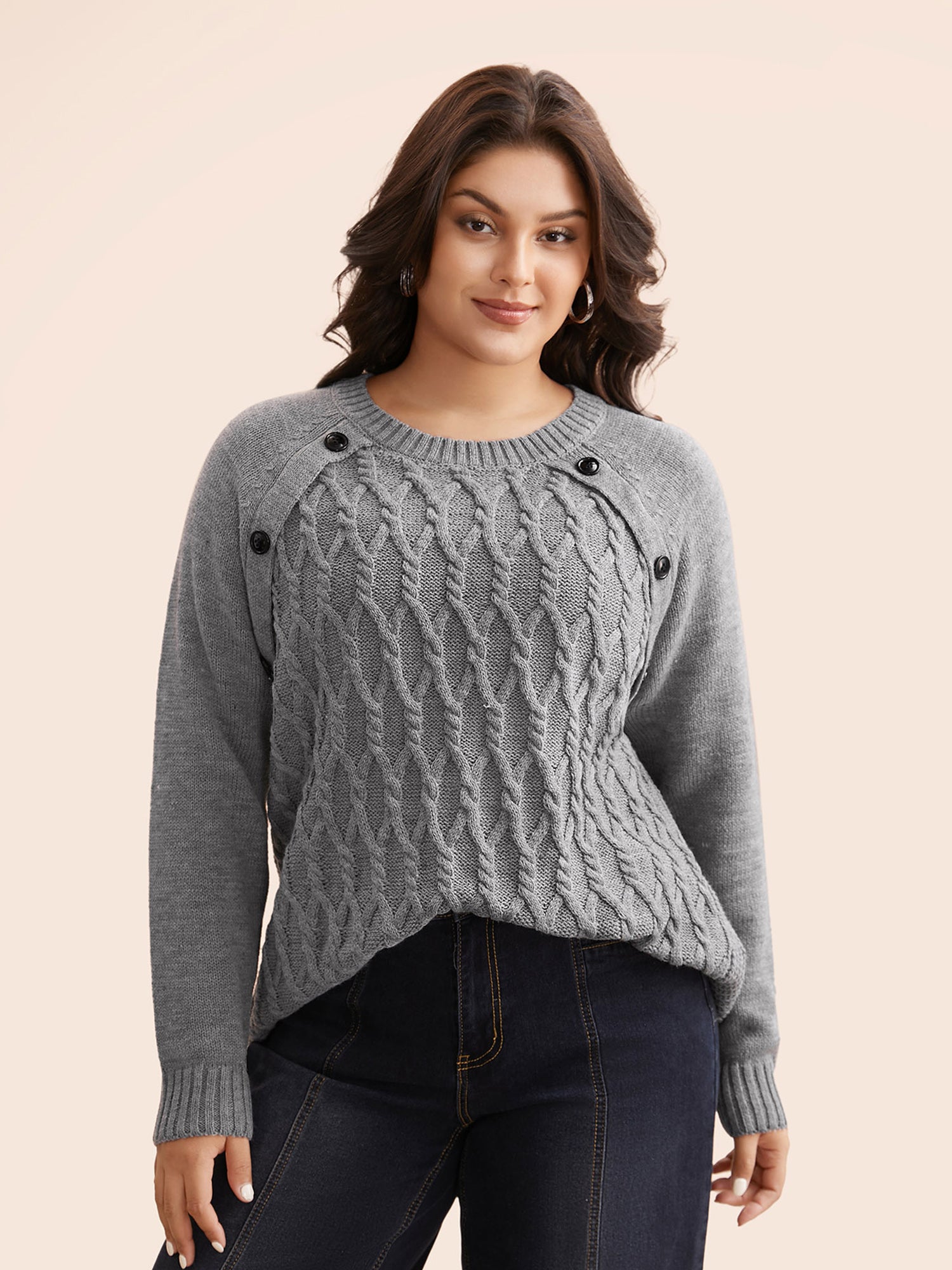 Texture Cable Knit Button Detail Pullover