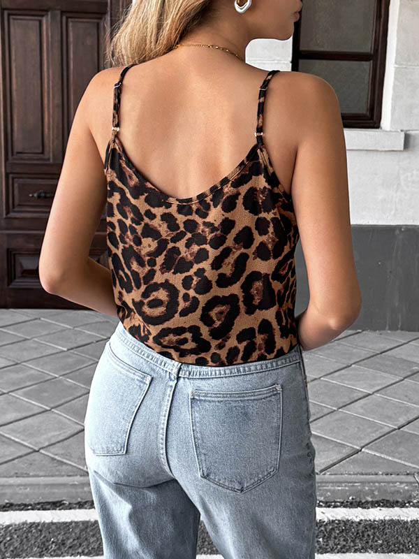 Loose Sleeveless Leopard Tied Spaghetti-Neck Vest Top
