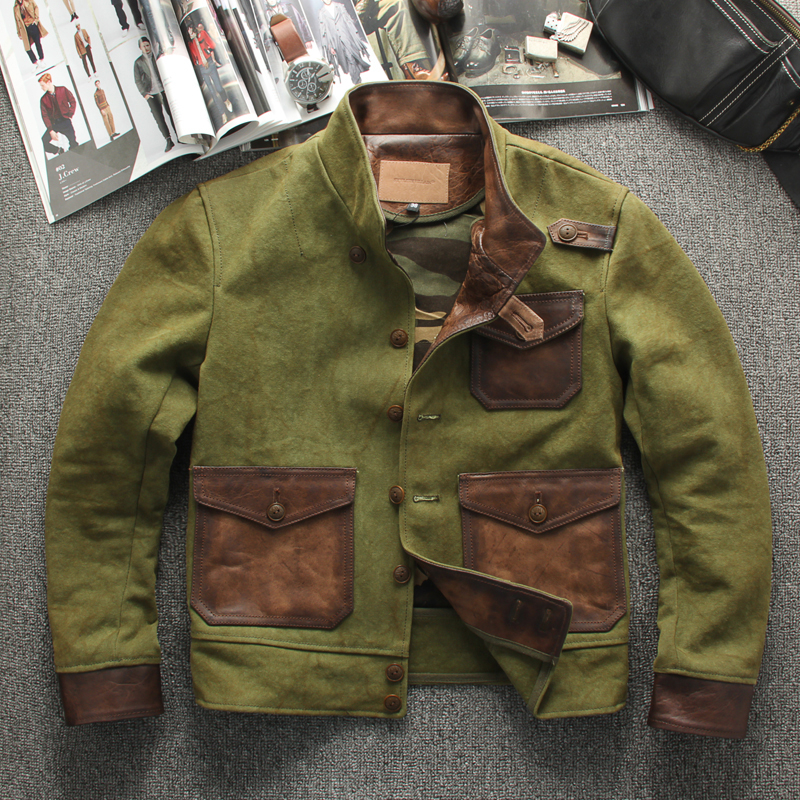 Vintage Oil Waxed Canvas Leather Biker Jacket