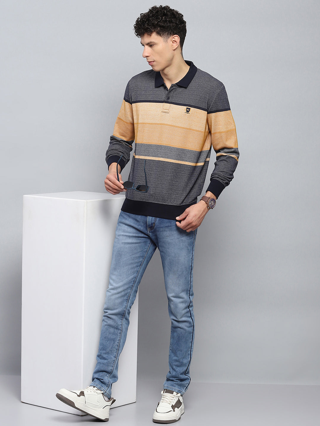 Men Beige Stripe Collar Full Sleeve Winter T-Shirt