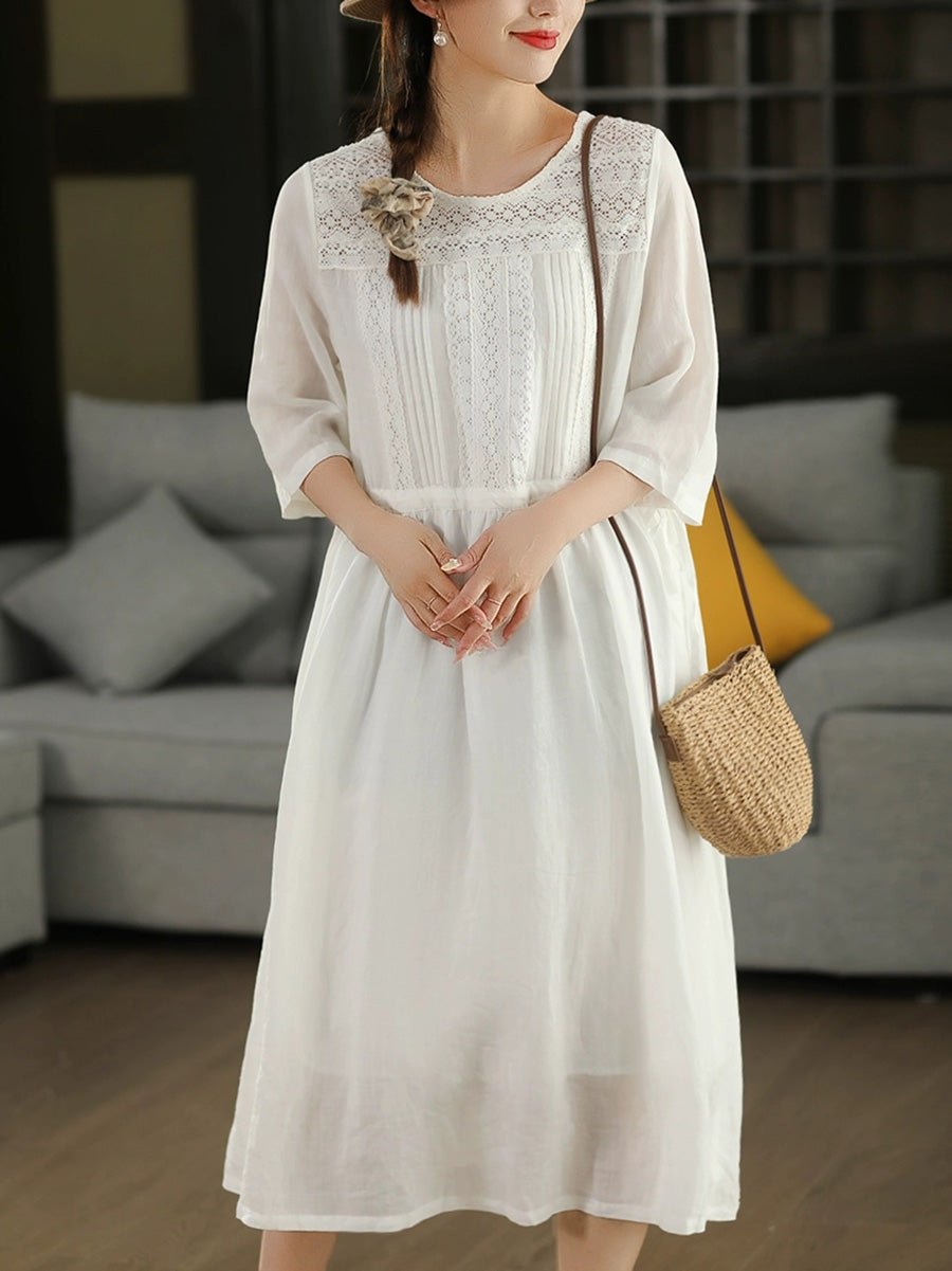 Women Summer Artsy Hook Flower Spliced V-Neck 100%Ramie Dress