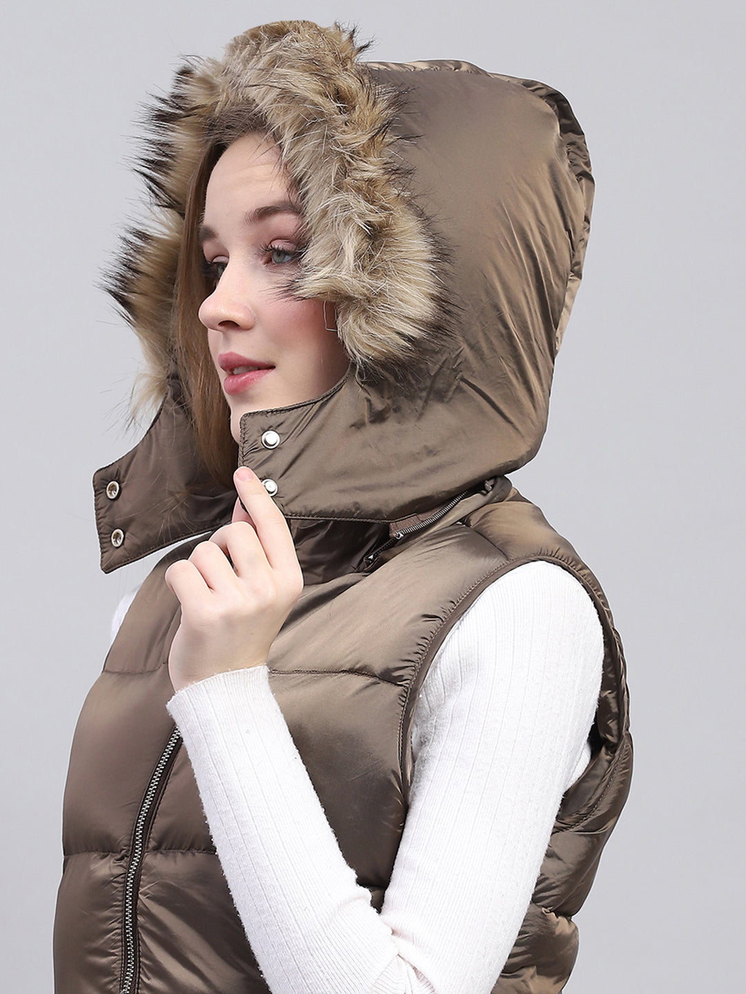 Women Brown Solid Detachable Hood Sleeveless Jacket