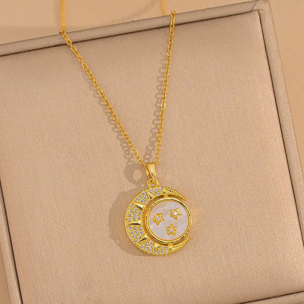 Ins Style 18K Gold Stainless Steel Necklace Retro Natural Stone Pendant Necklace Zircon Necklace Female