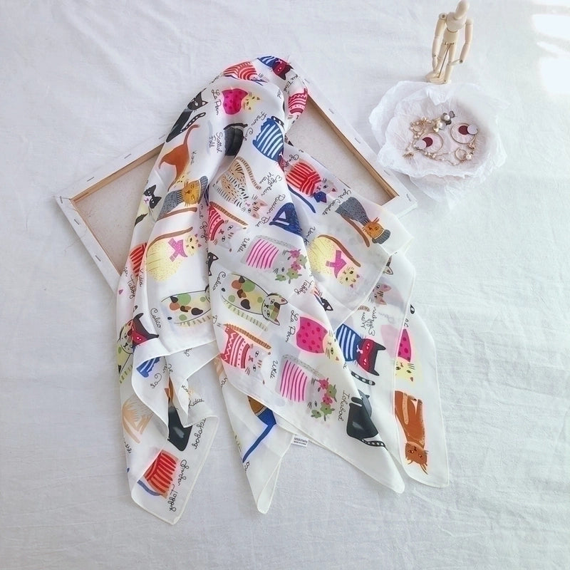 Women's Sweet Cat Satin Printing Silk Scarves