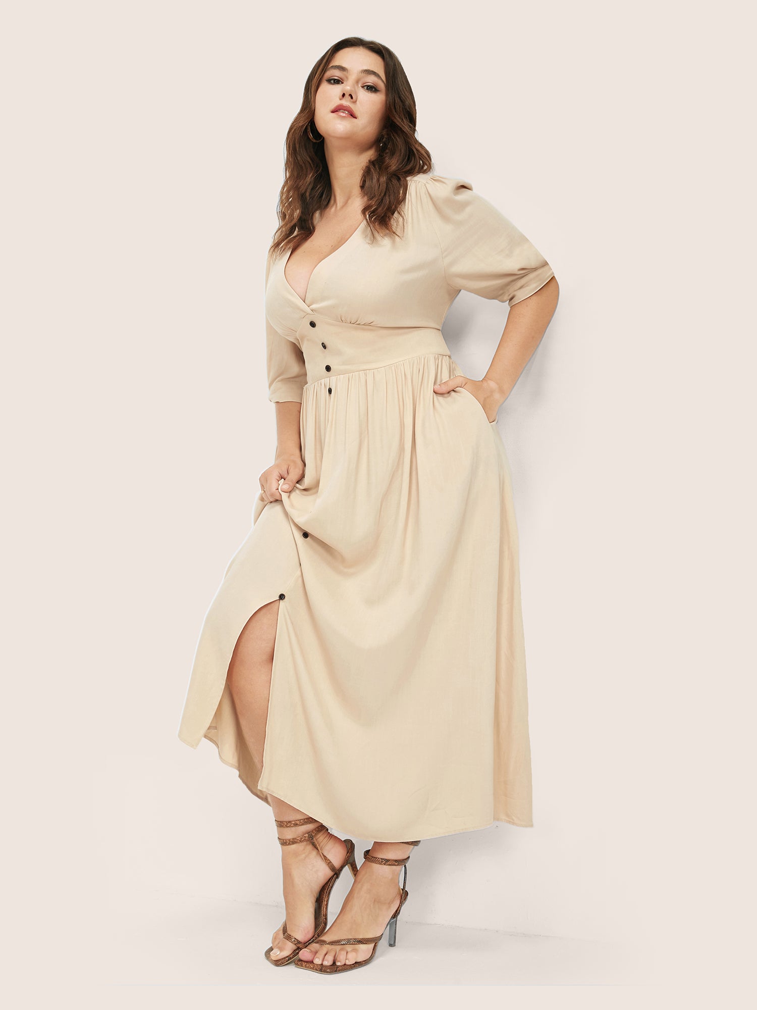 Plunging Neck Button Detail Pocket Maxi Dress