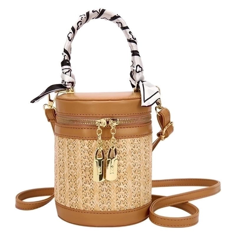 Women's Medium Straw Solid Color Vintage Style Zipper Bucket Bag
