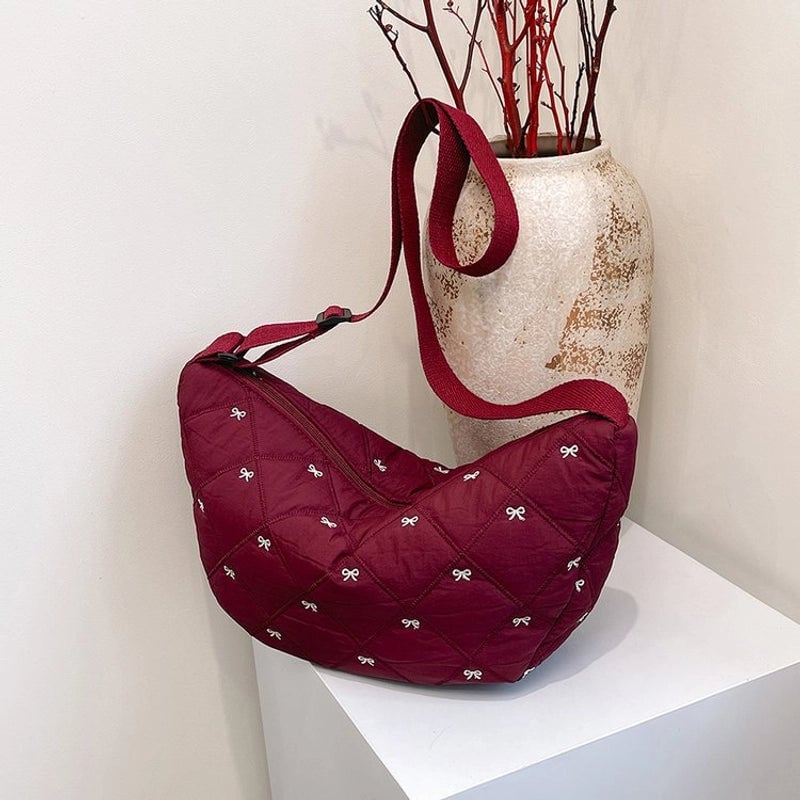 Women's Canvas Lingge Bow Knot Classic Style Dumpling Shape Zipper Shoulder Bag Crossbody Bag