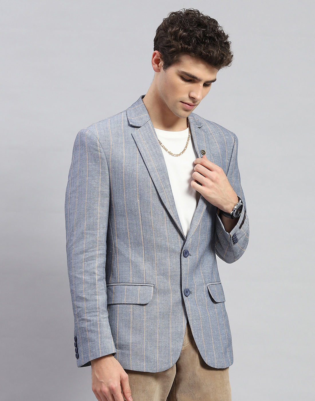 Men Grey Stripe Notch Lapel Collar Full Sleeve Blazer