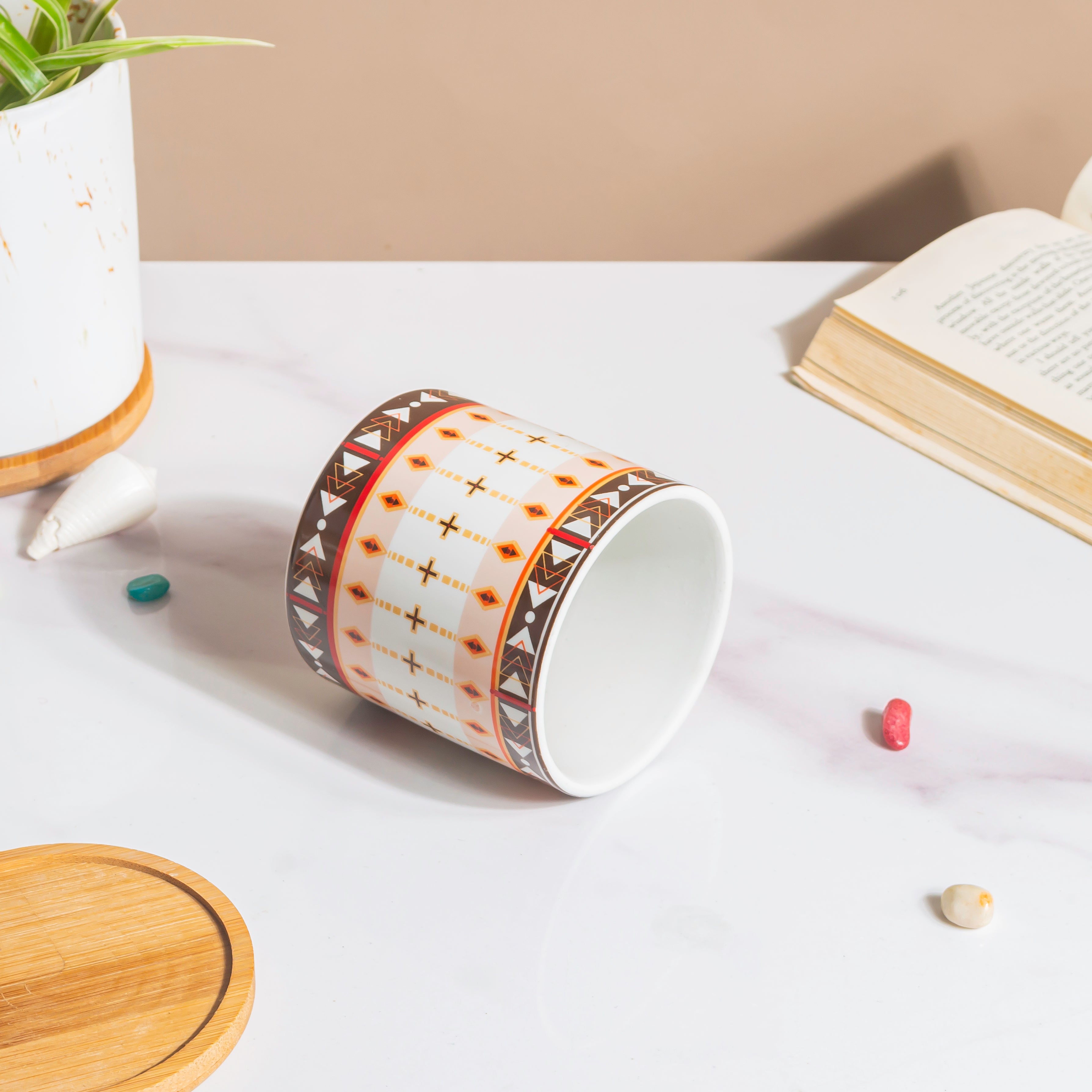 Noor Art Orange and Brown Planter With Wooden Coaster