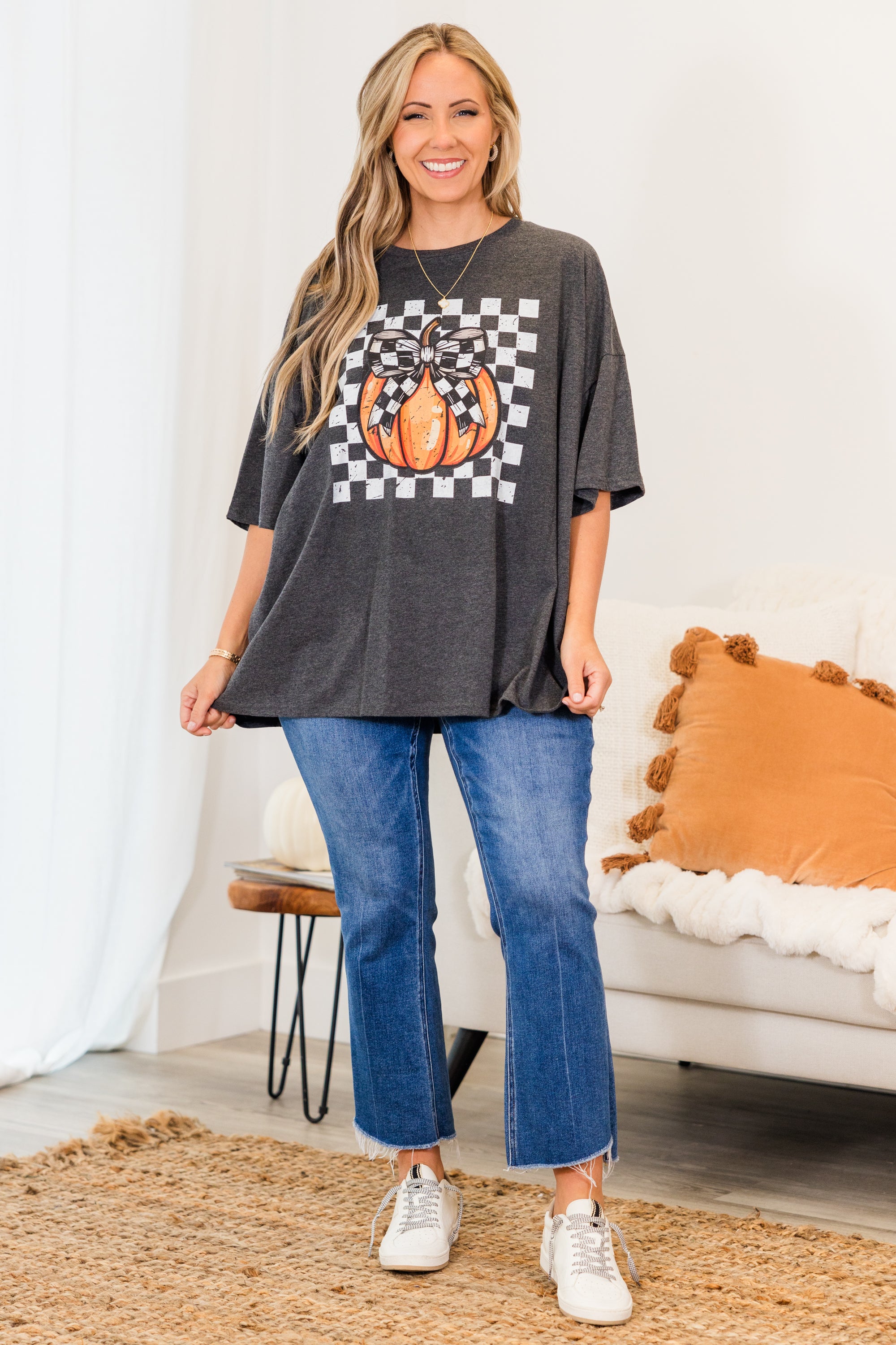 Checkered Pumpkin Boyfriend Tee. Charcoal