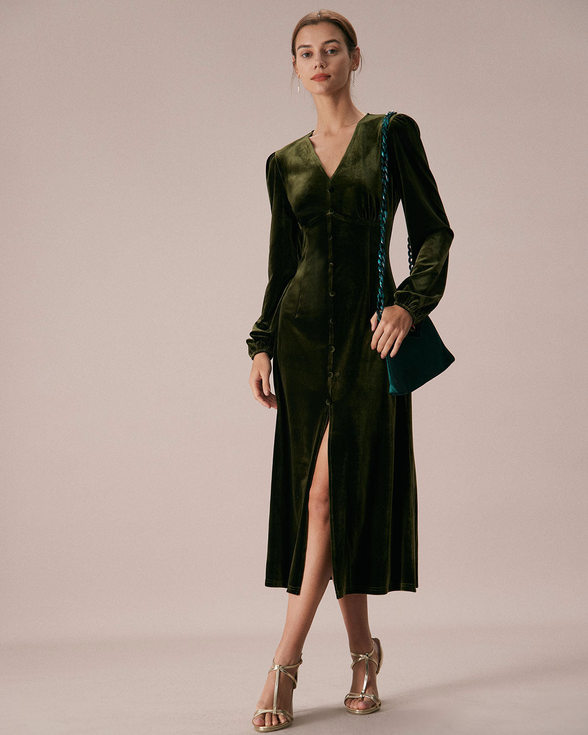 The Green V Neck Button Velvet Midi Dress