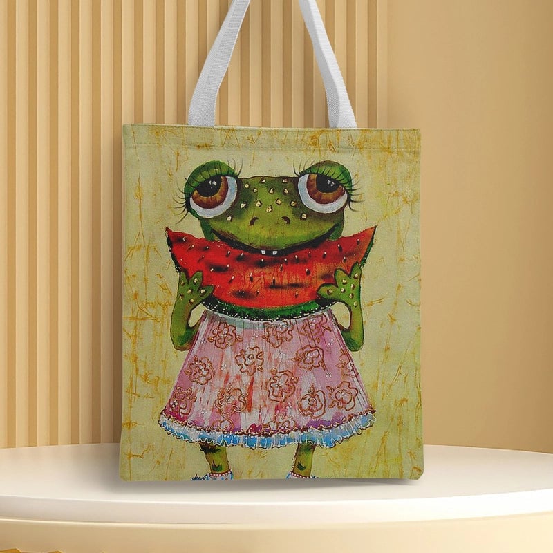 Women's Medium Canvas Frog Basic Classic Style Square Open Canvas Bag