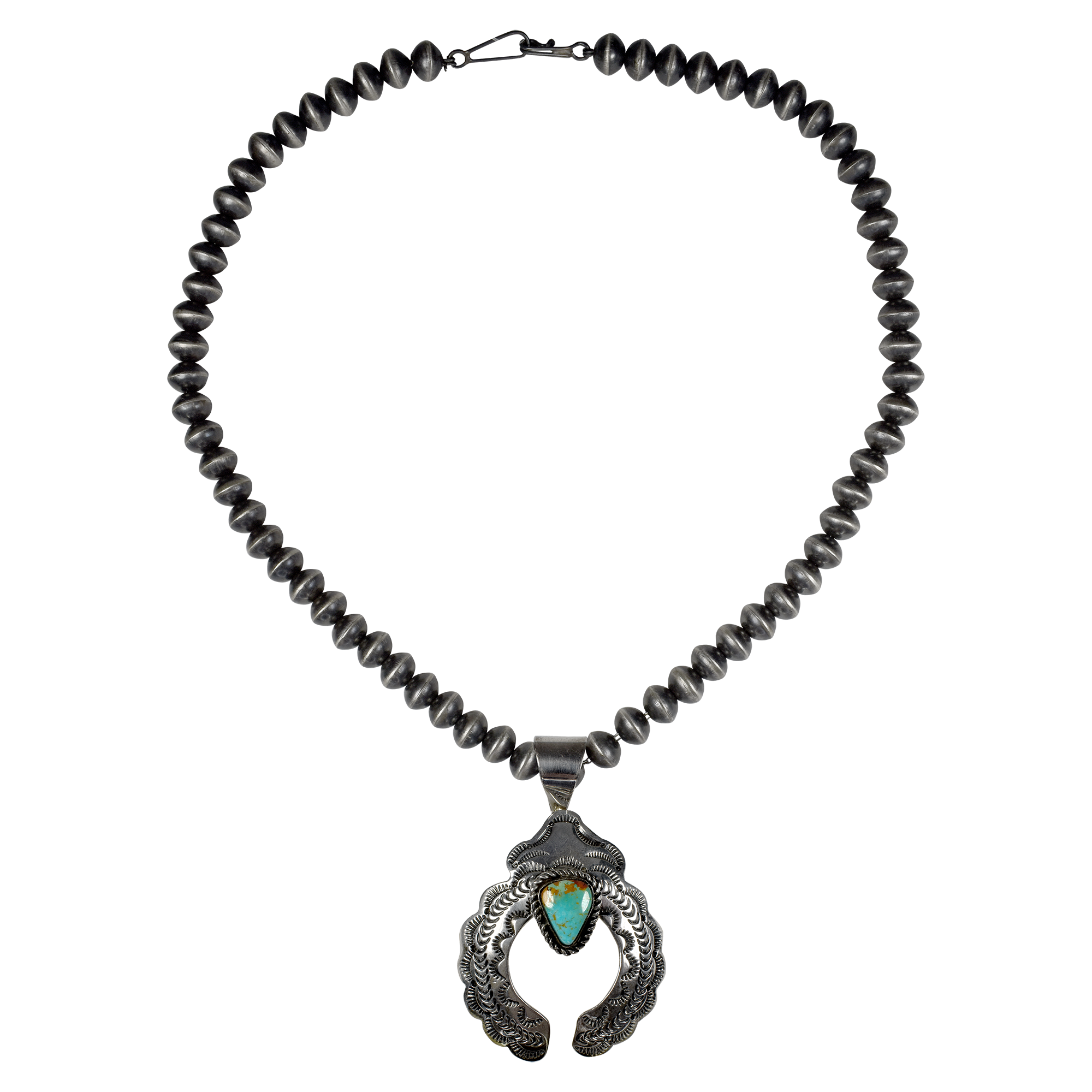 22 Pillow Bead Necklace with Hand-Stamped Royston Turquoise Pendant by Tillie Jon