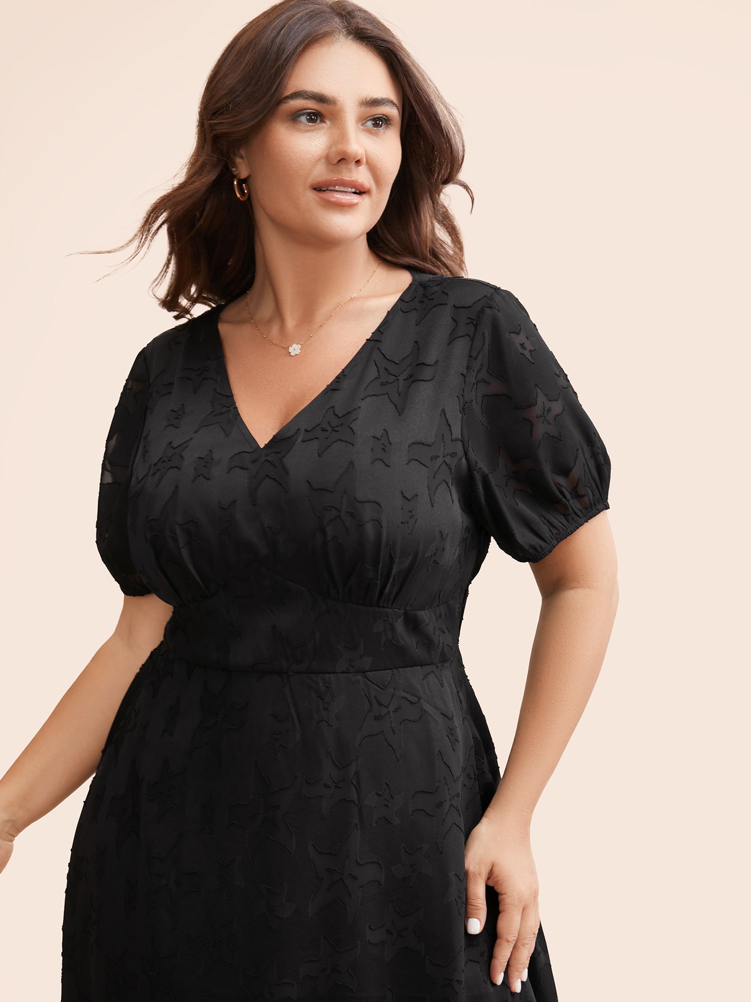 Star Textured Lantern Sleeve Midi Dress